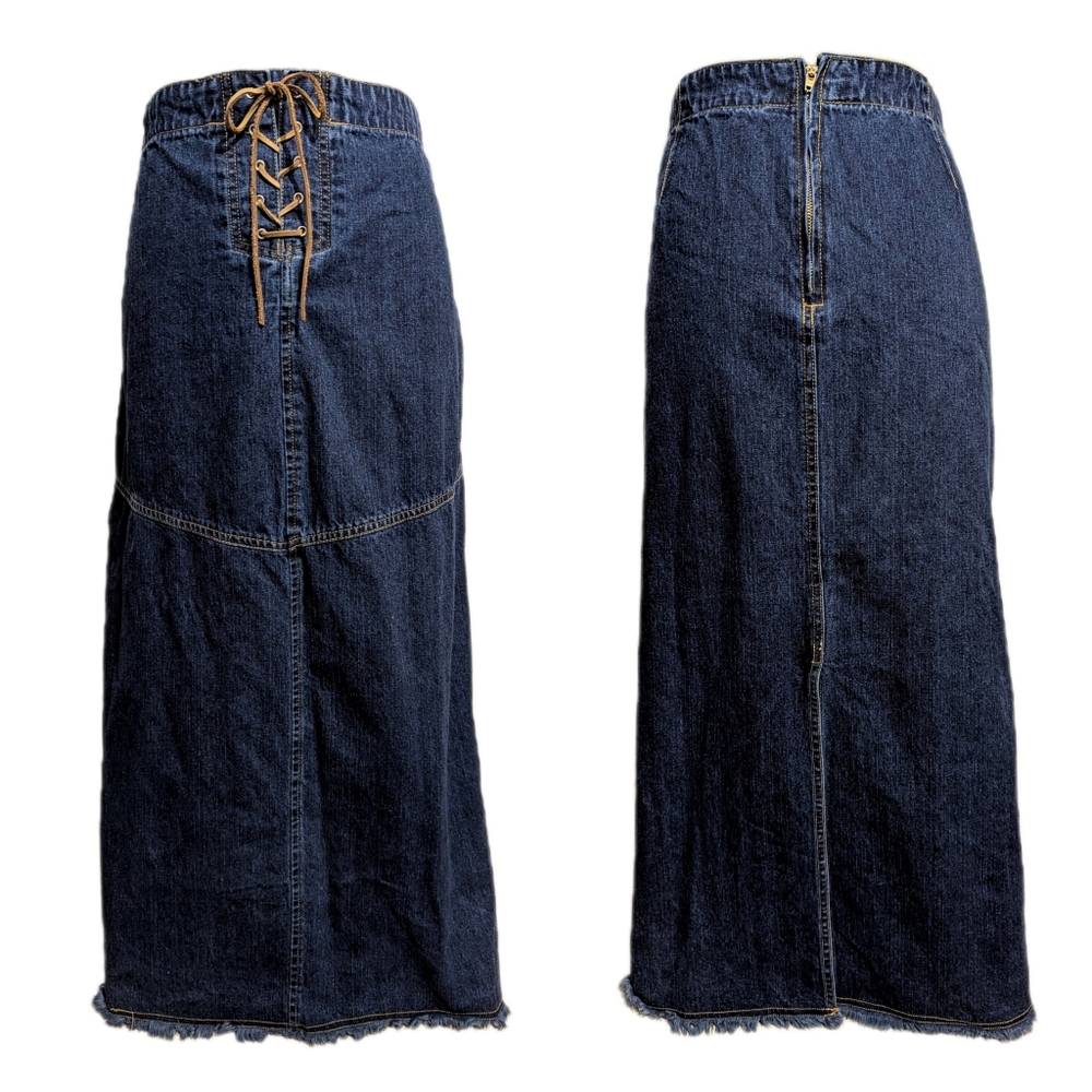 Vintage Carolina Blues Y2K 70s Retro Long Denim Maxi Skirt with Distressed Hem